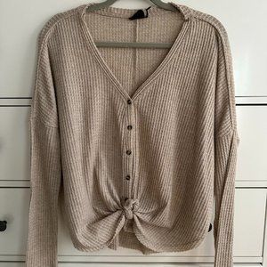 Oatmeal Waffle Knit Thermal Oversized Knot Front Long Sleeve Tee Shirt